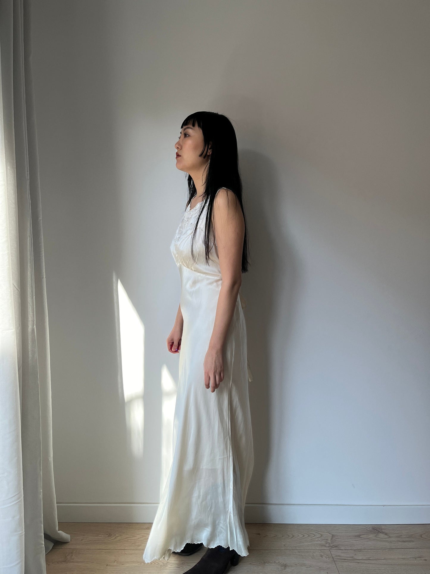 Antique Vintage liquid pure silk satin white embroidered slip long maxi camisole dress