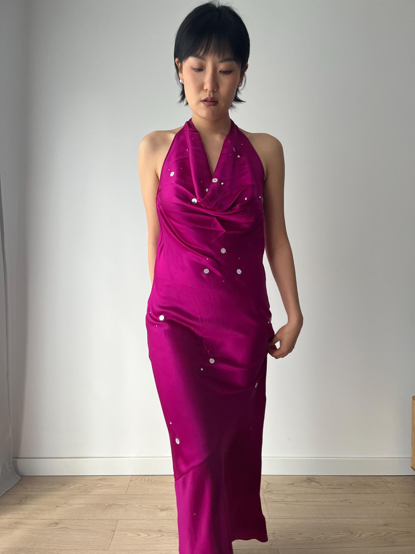 Vintage 90s 2000s Y2K liquid silk satin hot pink silk slip long maxi camisole underdress