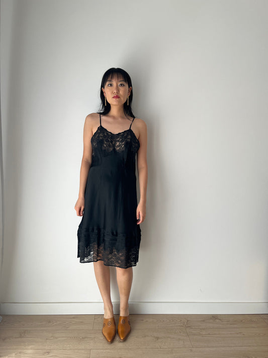 Antique vintage 1930s black liquid satin pure silk lace embroidered art deco bias cut slip