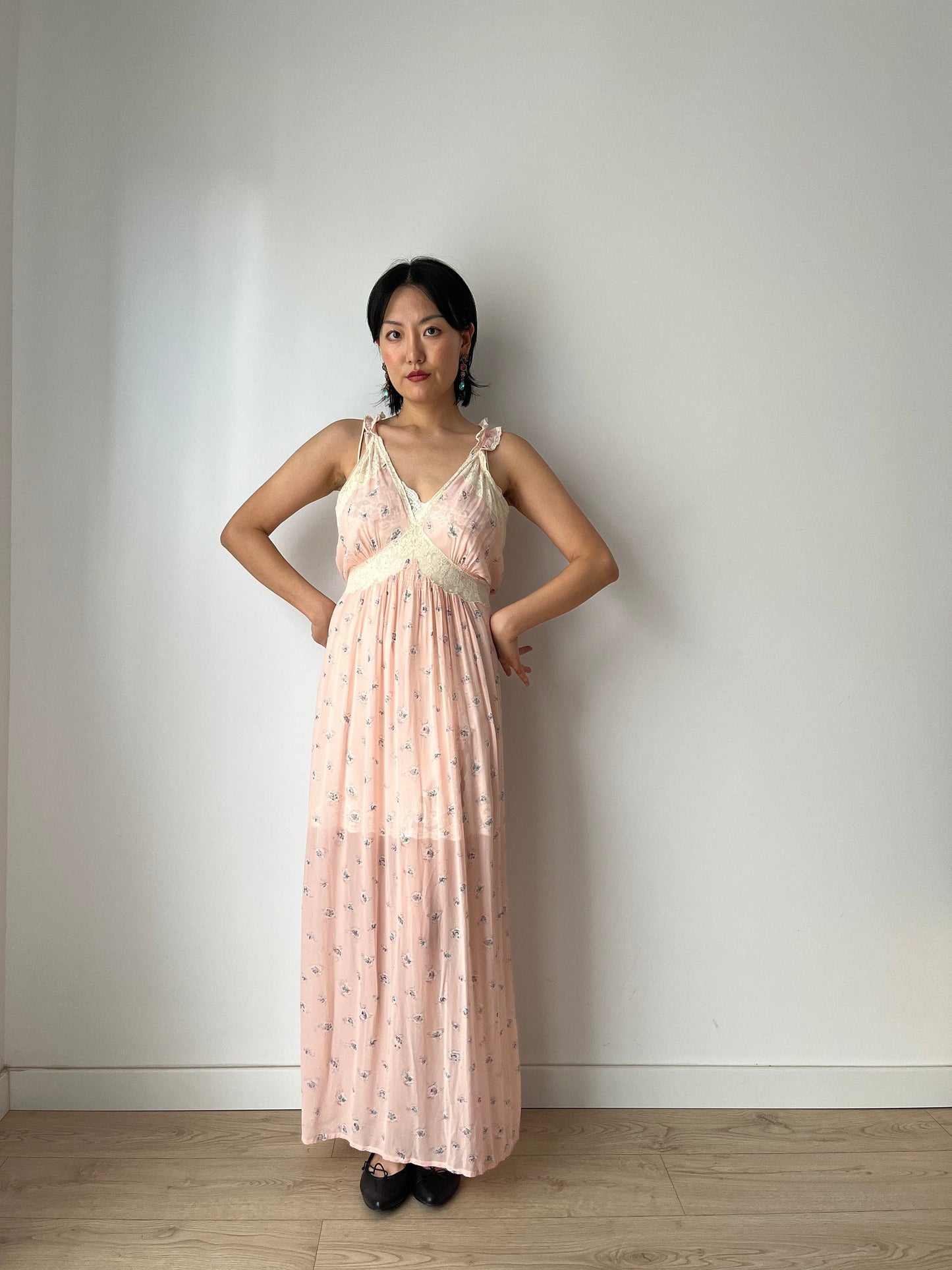 vintage 1930s pink floral print crepe silk lace ribbon art deco dress, romantic parisian nightgown