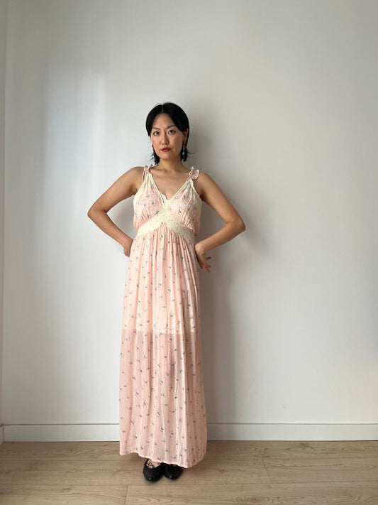 vintage 1930s pink floral print crepe silk lace ribbon art deco dress, romantic parisian nightgown
