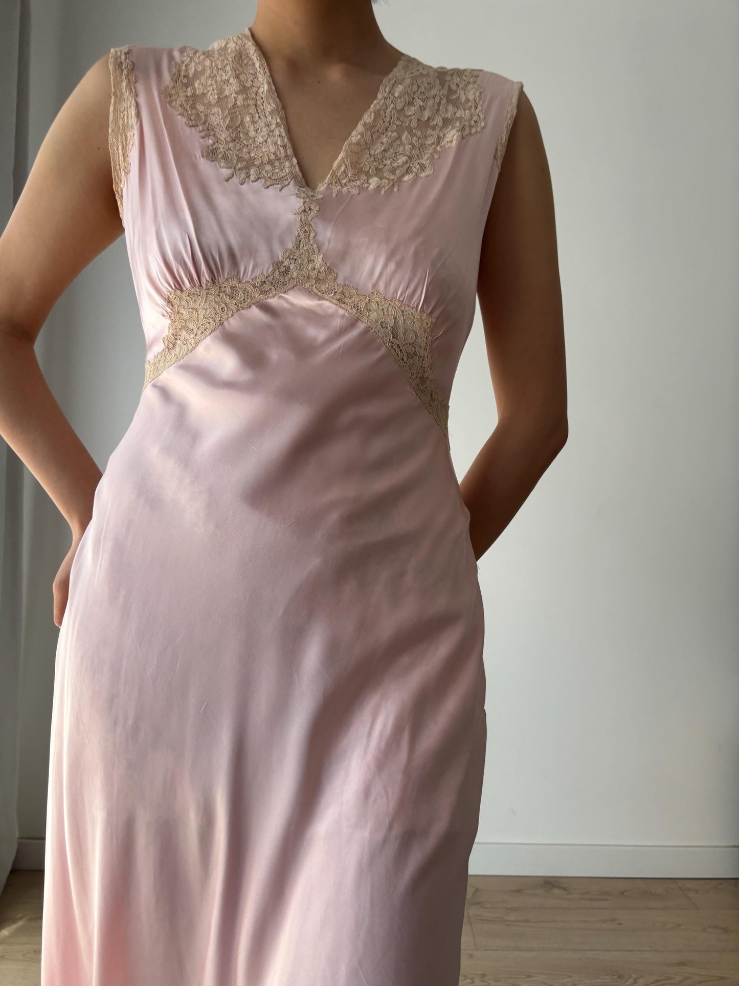 1930s Antique Lace appliqué Peach Pink Pure Silk bias cut gown, Liquid Satin Silk Maxi Dress