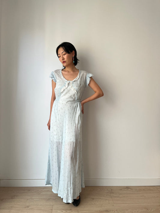 vintage 1940s blue bias cut floral crepe chiffon sheer lace embroidered art deco dress