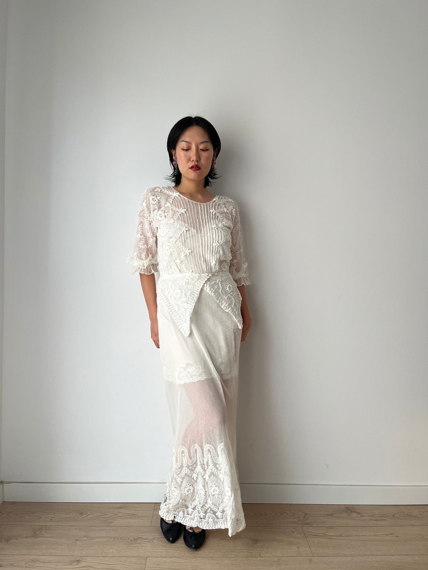 Antique 1910s 1900s White Cotton Lace Renaissance Victorian Edwardian Dress