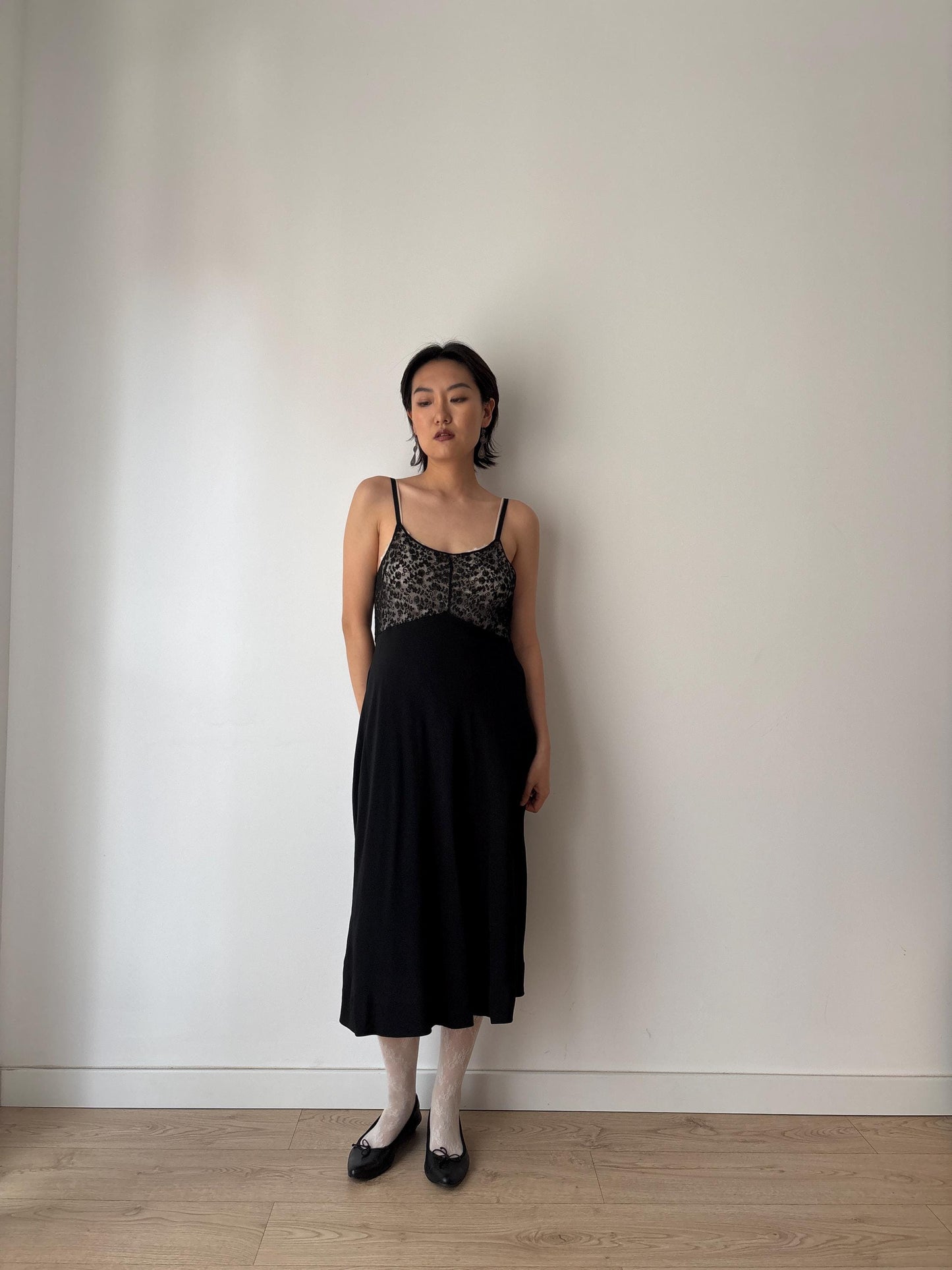 Antique 1930s 1940s black liquid satin pure silk lace art embroidered deco bias cut nightgown maxi slip under dress