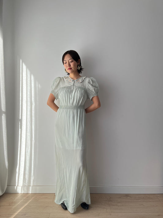 Antique 1930s bias cut liquid blue pure silk chiffon nightdress