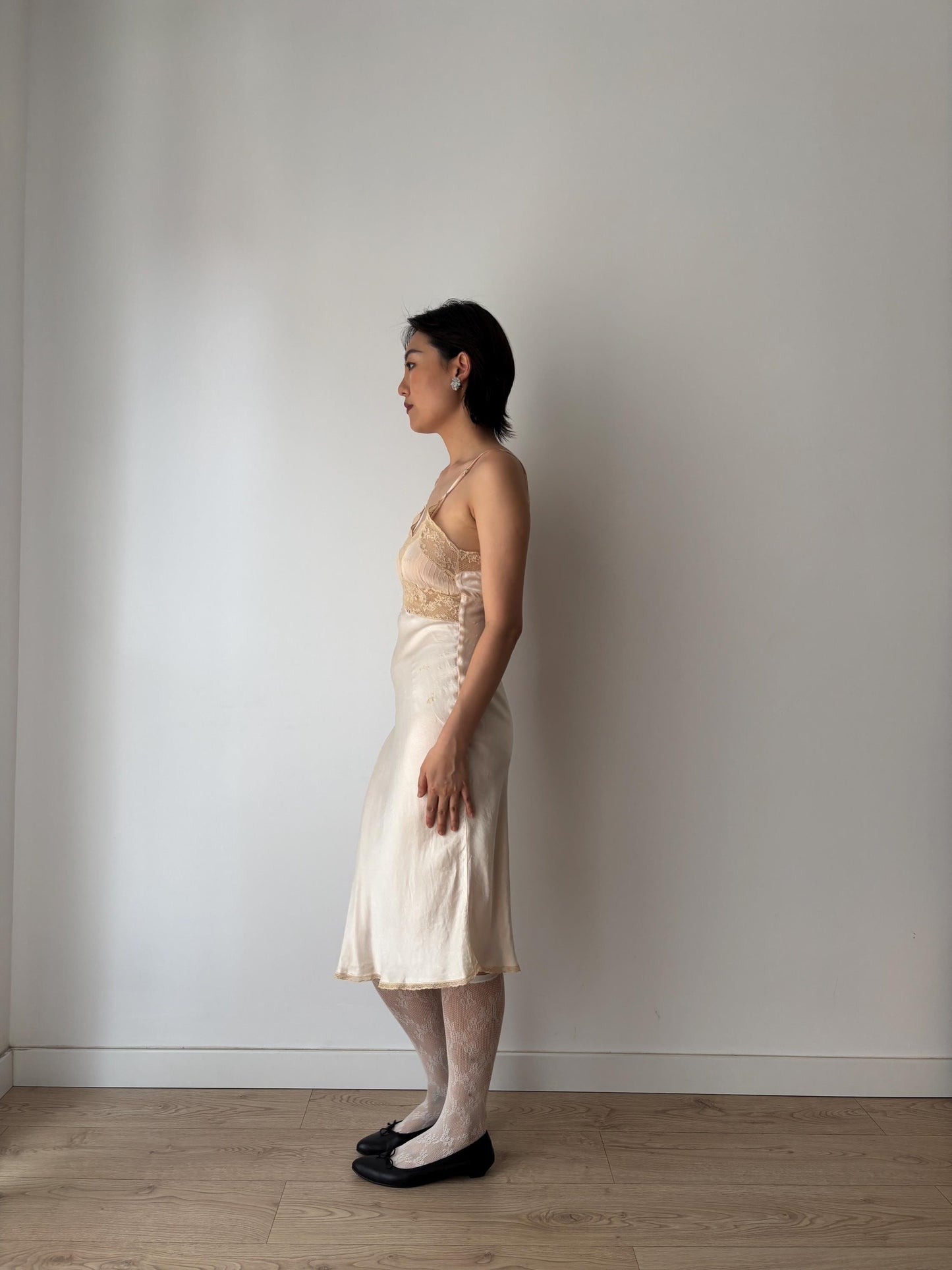 1930s 1920s Antique Pastel Pink Flower bow print Embroidered Lace Silk Satin Slip dress