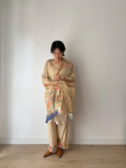 1920s 1930s Silk Pyjama Set Collectable Kimono Robe Kimono Jacket Pants Hand Painted Silk Wedding Vacation Jazz Age/Art Deco Flapper Robe