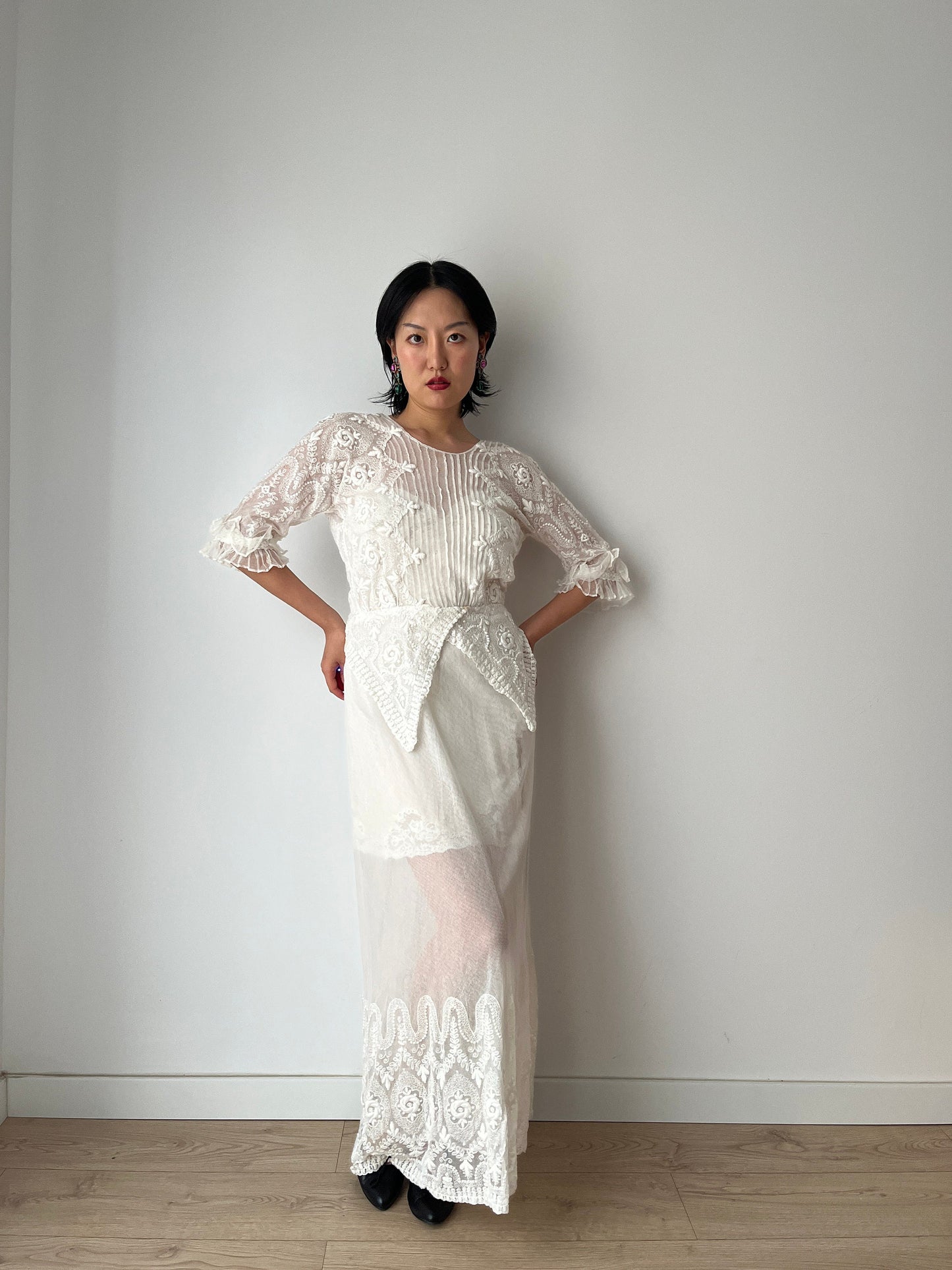 Antique 1910s 1900s White Cotton Lace Renaissance Victorian Edwardian Dress