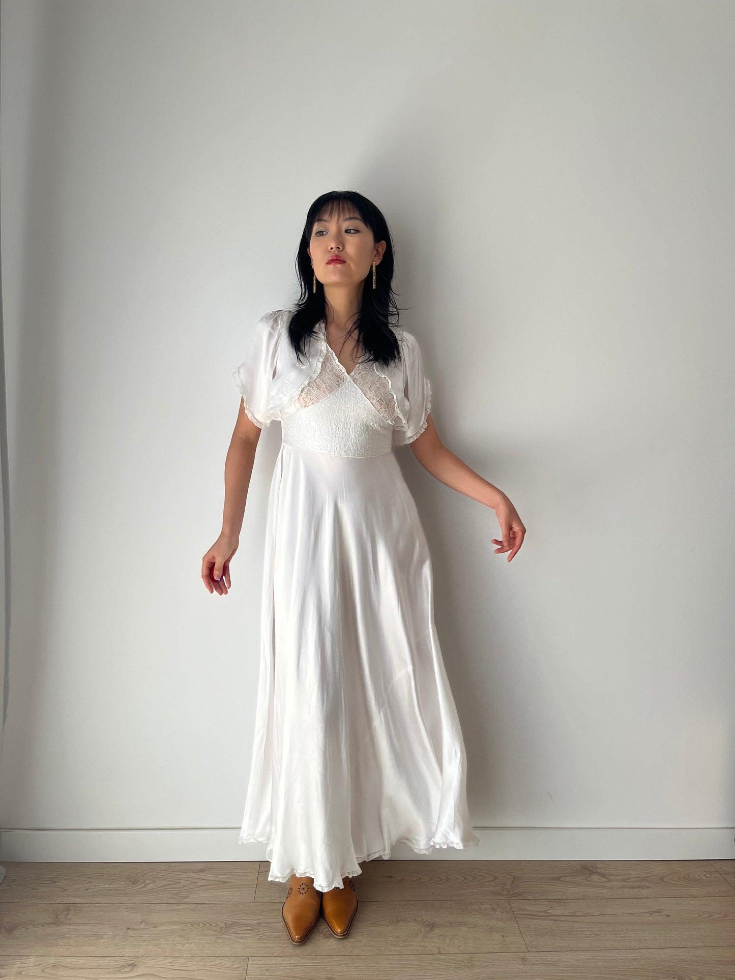 1950s 1940s Antique Bias Cut Pure Silk Hand Embroidered Lace Bridal Dress