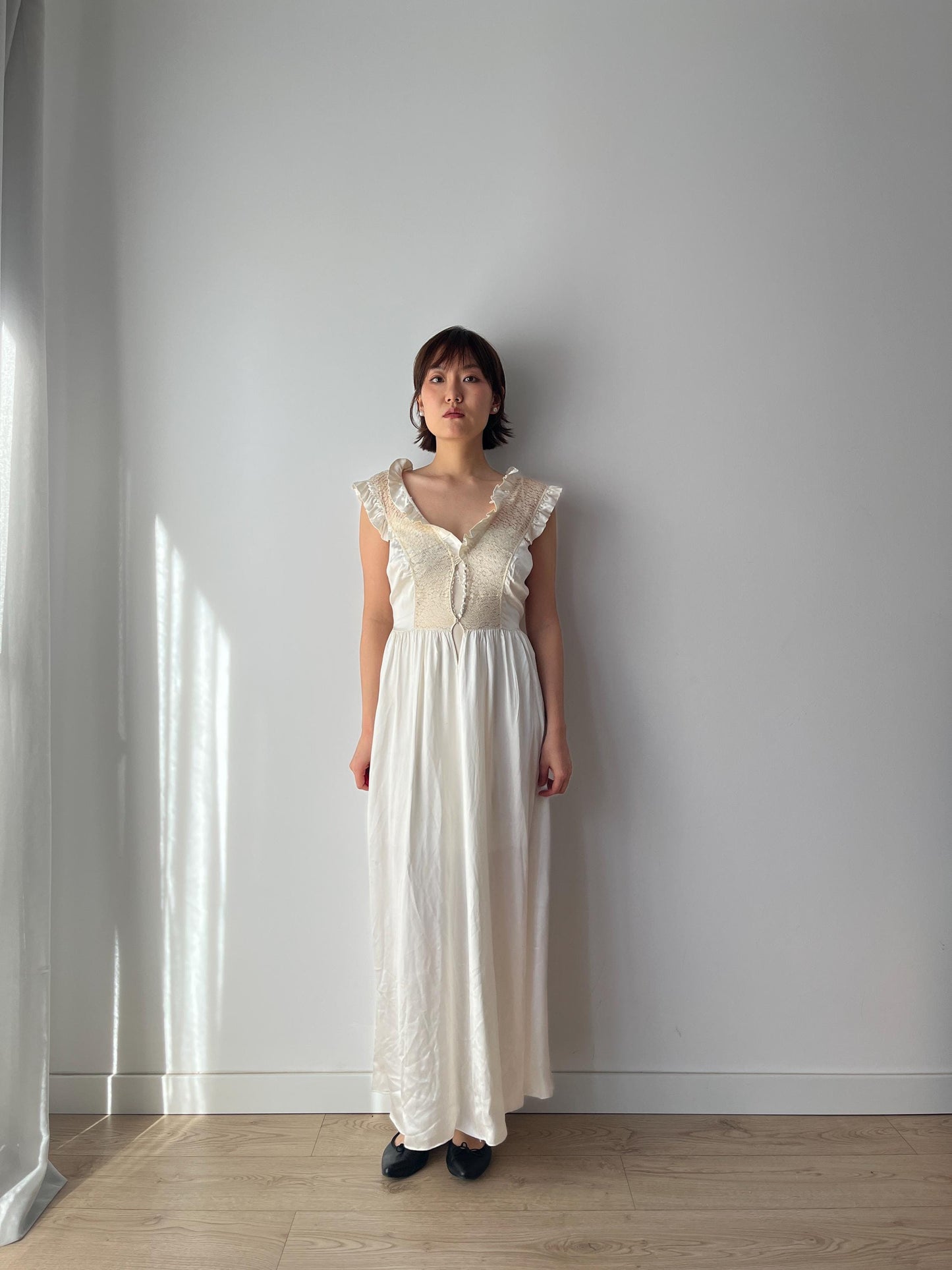 1930s Antique Bridal Lace Bias Cut Negligee Silk Satin Embroidered Nightgown