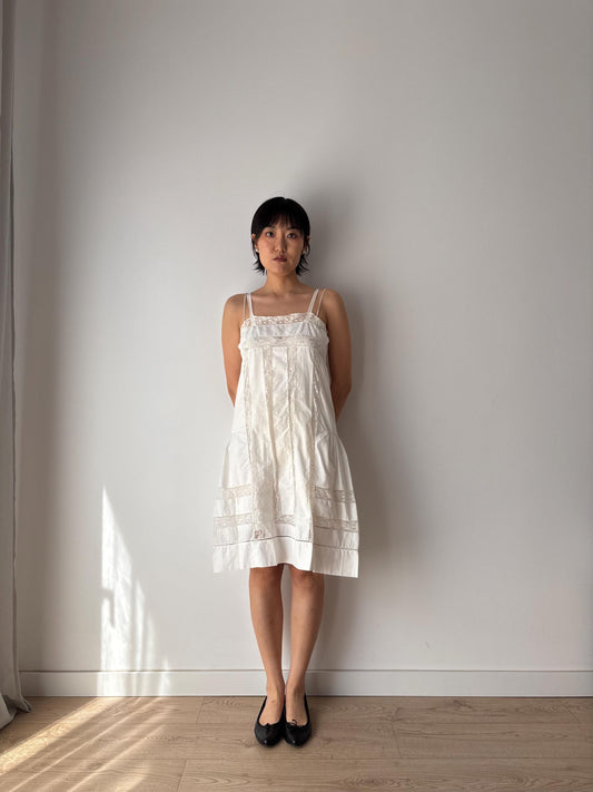 1910s 1900s Antique White Cotton Edwardian Victorian Lace Slip dress, Vintage lace mini dress