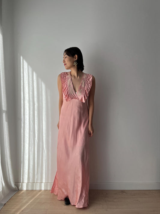 1930s Peach Satin Bias Cut Pastel Pink Pure Silk Embroidered Evening Maxi Dress