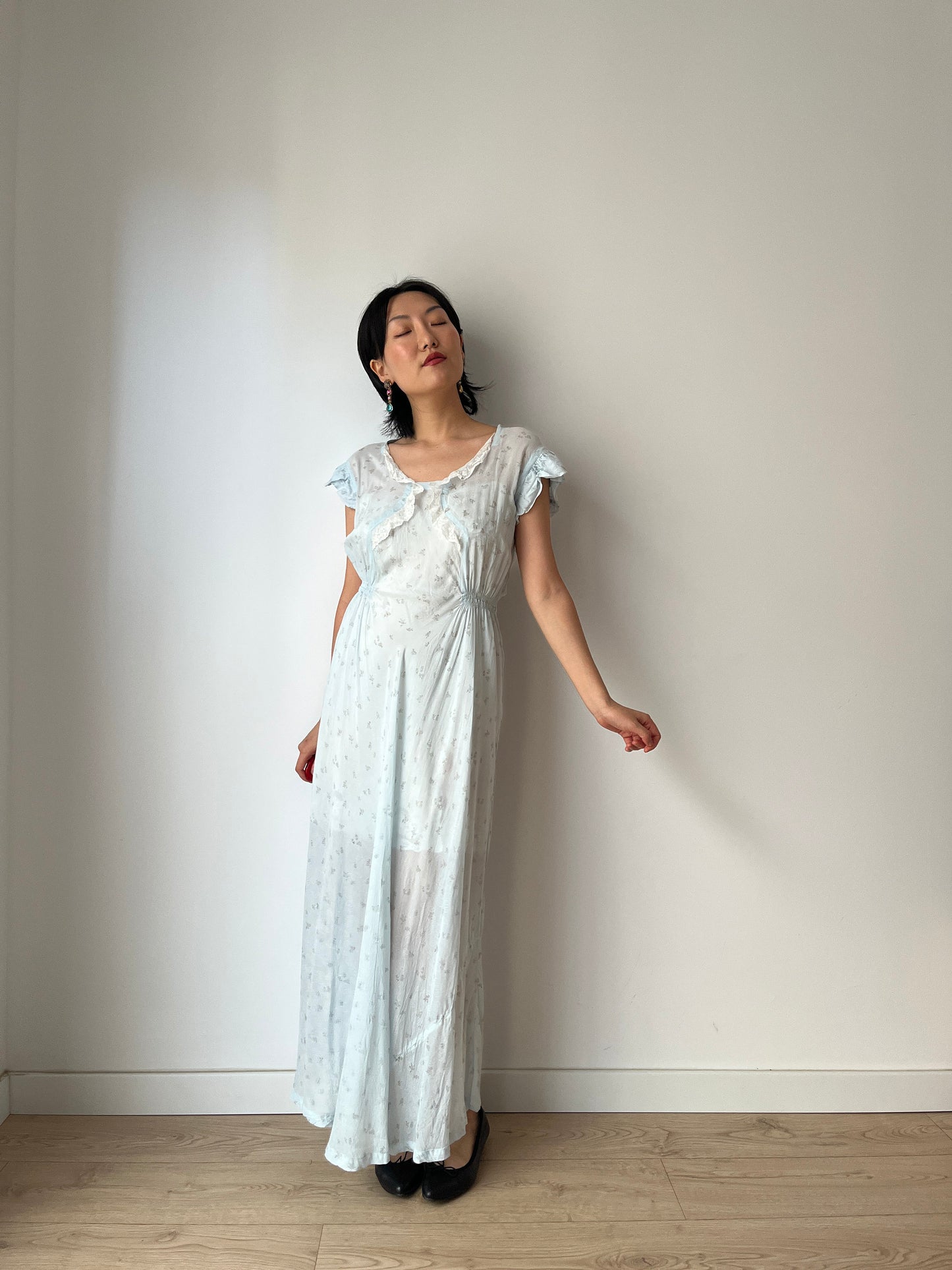 vintage 1940s blue bias cut floral crepe chiffon sheer lace embroidered art deco dress