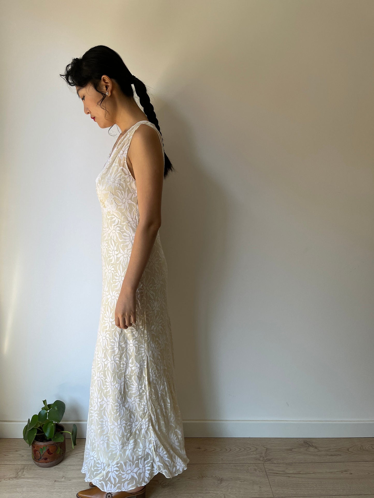 1930s Antique Bridal Lace Bias Cut Negligee Silk Satin Embroidered Nightgown