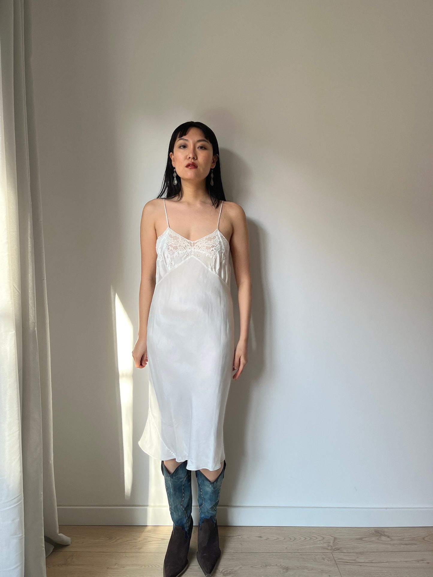 1930s Antique White Lace Liquid Silk Satin Slip dress, Bias cut Vintage lace mini dress