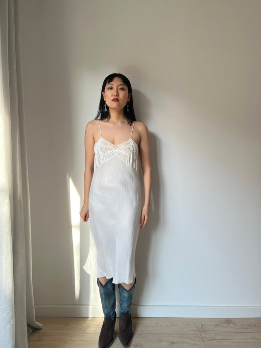1930s Antique White Lace Liquid Silk Satin Slip dress, Bias cut Vintage lace mini dress