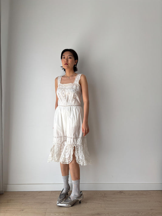 Antique 1910s Edwardian White Cotton  Floral Embroidered Lace Jumpsuit Romper, One Piece Cami Split Crotch Pantaloons with Broderie Anglaise