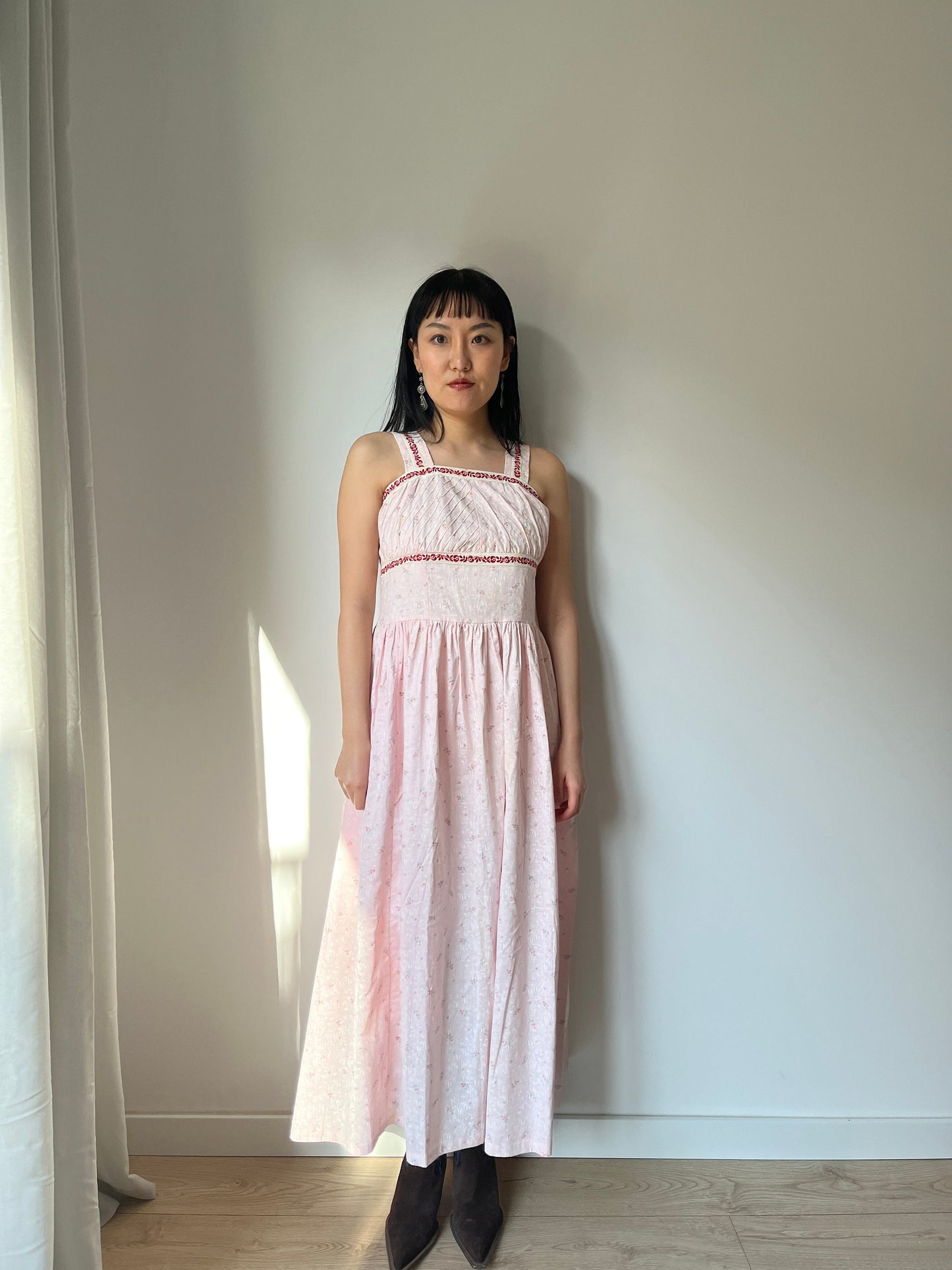 vintage 1940s blue pink floral print cotton lace summer dress, 1950s romantic parisian maxi slip dress