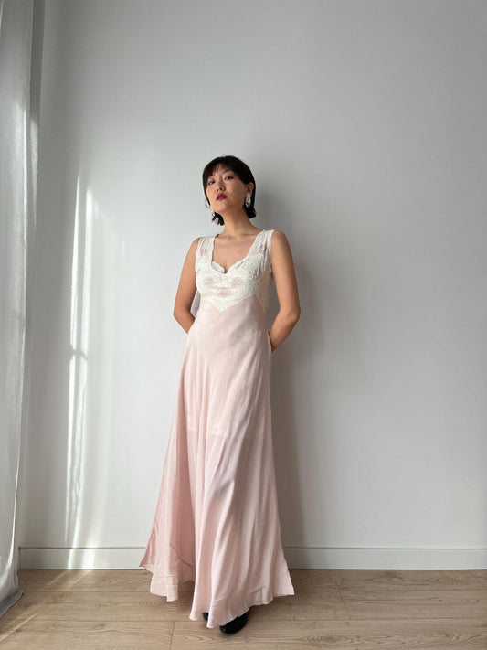 1930s 1940s Antique Bias Cut Ruffle Lace Pastel Pink Pure Silk Embroidered Nightgown