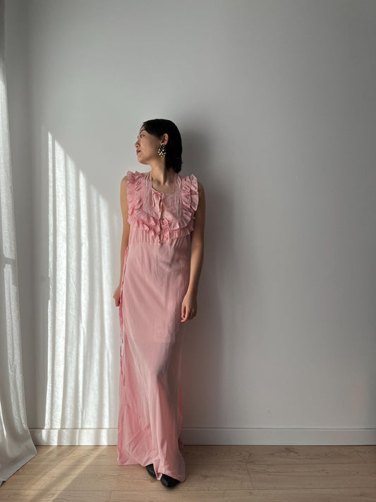 1940s Antique Bias Cut Ruffle Pastel Purple Pure Silk Crepe Embroidered Nightgown