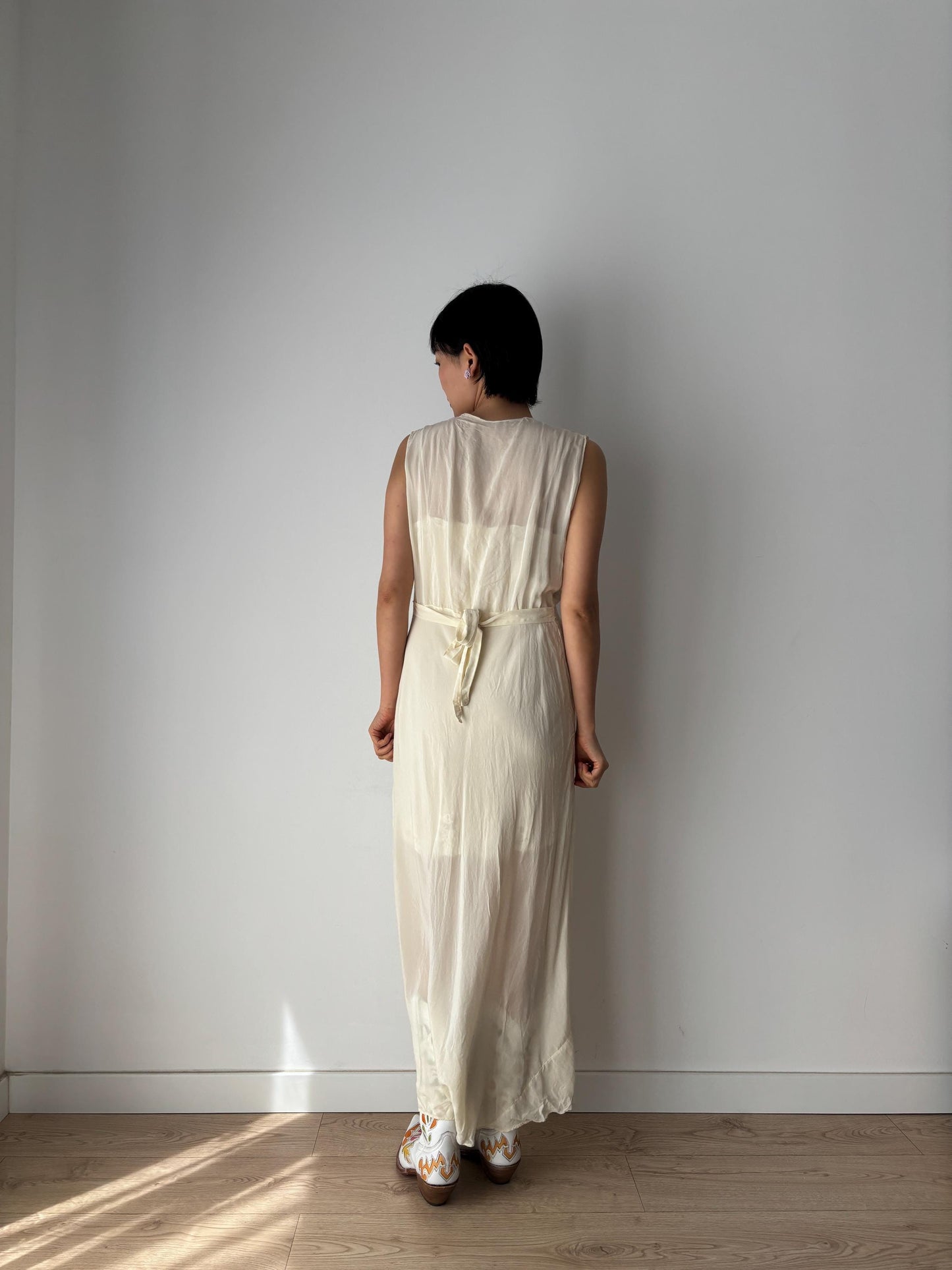 1930s Antique Bridal Lace Bias Cut Negligee Silk Satin Embroidered Nightgown