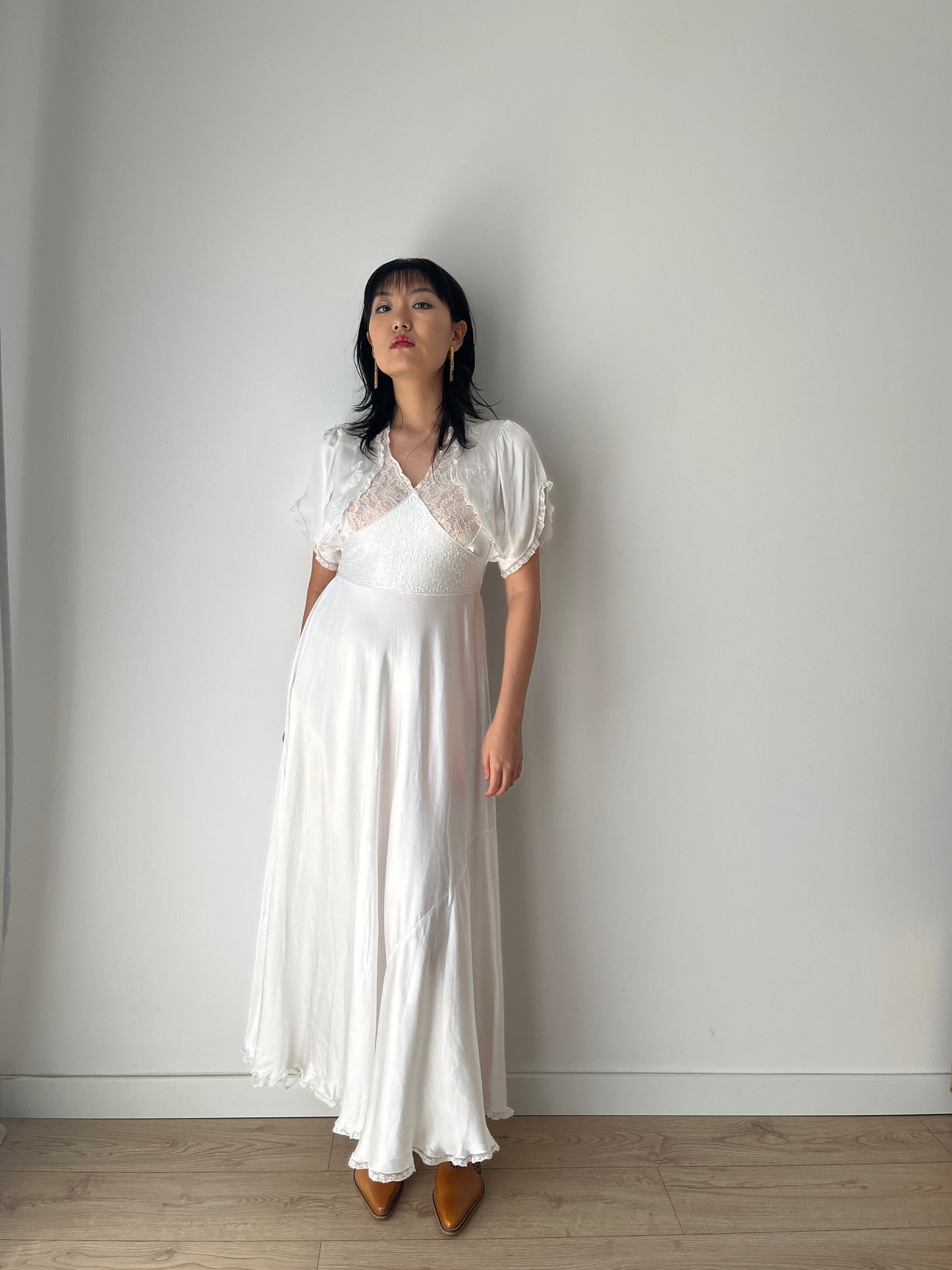 1950s 1940s Antique Bias Cut Pure Silk Hand Embroidered Lace Bridal Dress