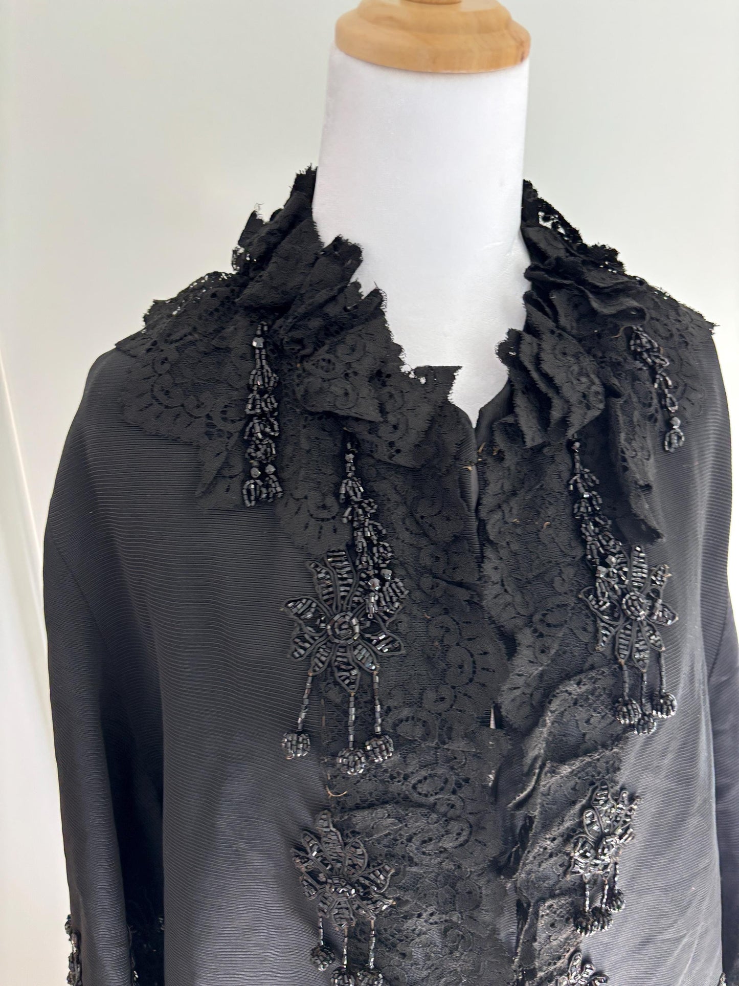 Antique 1900French beaded Silk cape with embroidery, Victorian black cape rich lace