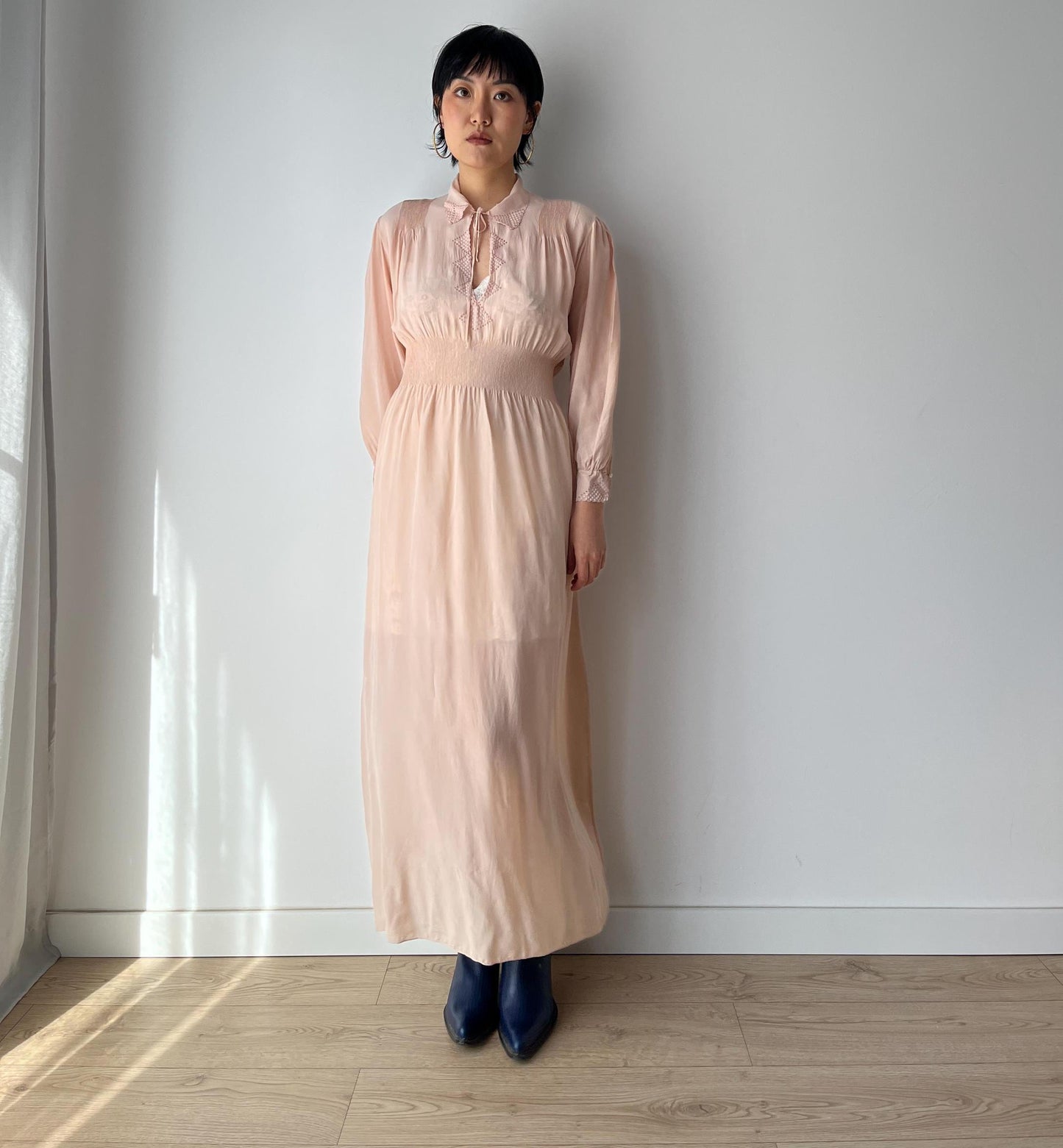 Antique 1930s 1940s ribbon bias cut liquid silk crepe sheer bridal nightdress