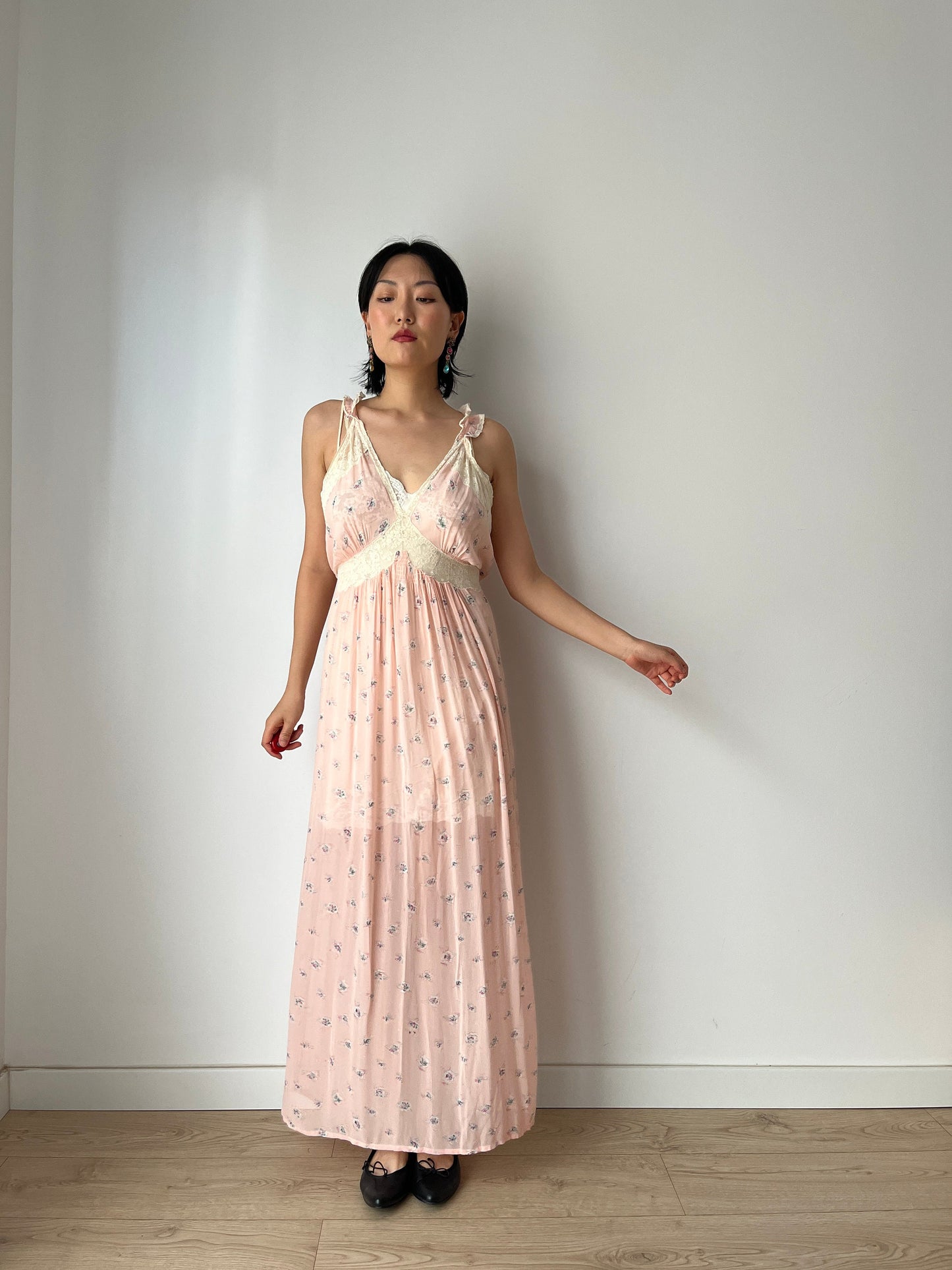 vintage 1930s pink floral print crepe silk lace ribbon art deco dress, romantic parisian nightgown