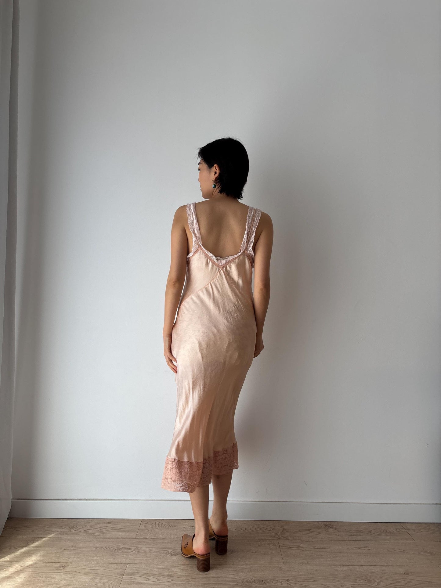 1930s 1940s Antique Pink Lace Liquid Silk Slip Romantic dress, Vintage lace mini dress