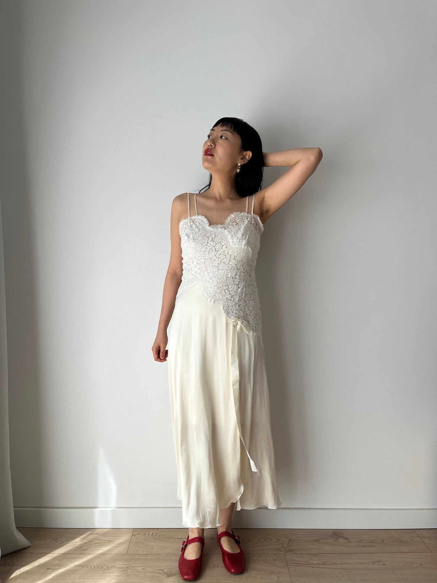 Vintage 90s Y2K liquid silk satin white embroidered slip long maxi camisole dress