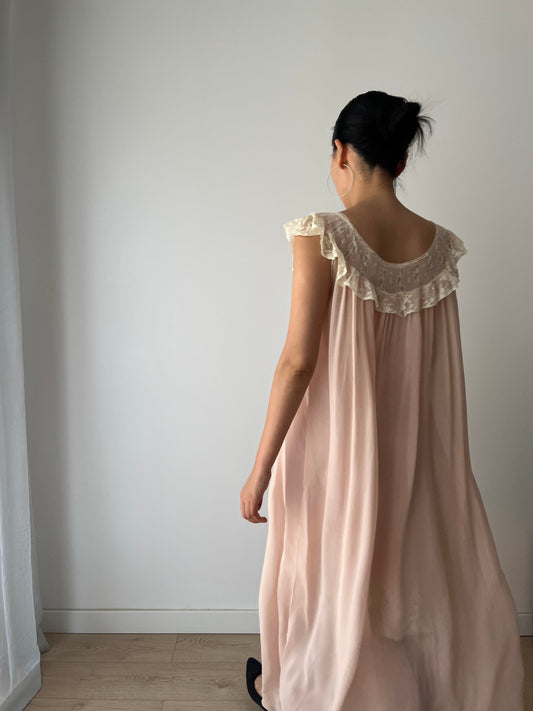 1930s Antique Peach Pure Silk Crepe Lace Nightgown, Liquid Satin Silk Nightdress
