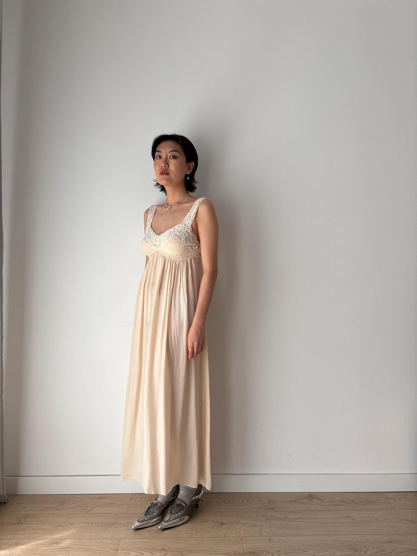 1930s Antique Pure Silk Crepe Embroidered Romantic Lace Bridal Dress