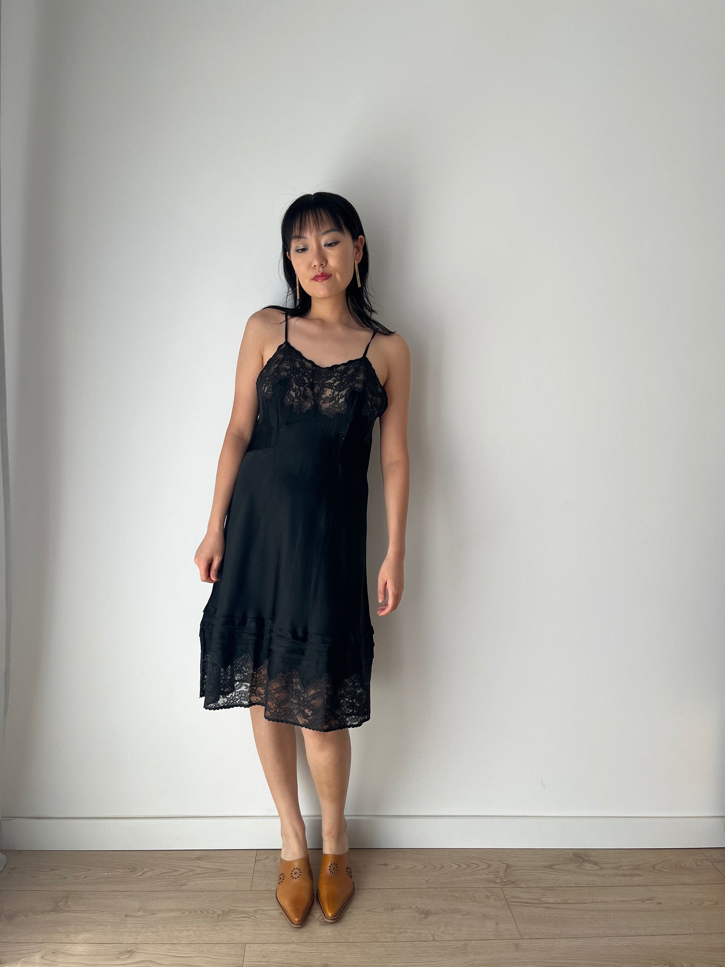 Antique vintage 1930s black liquid satin pure silk lace embroidered art deco bias cut slip