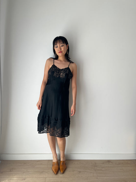 Antique vintage 1930s black liquid satin pure silk lace embroidered art deco bias cut slip
