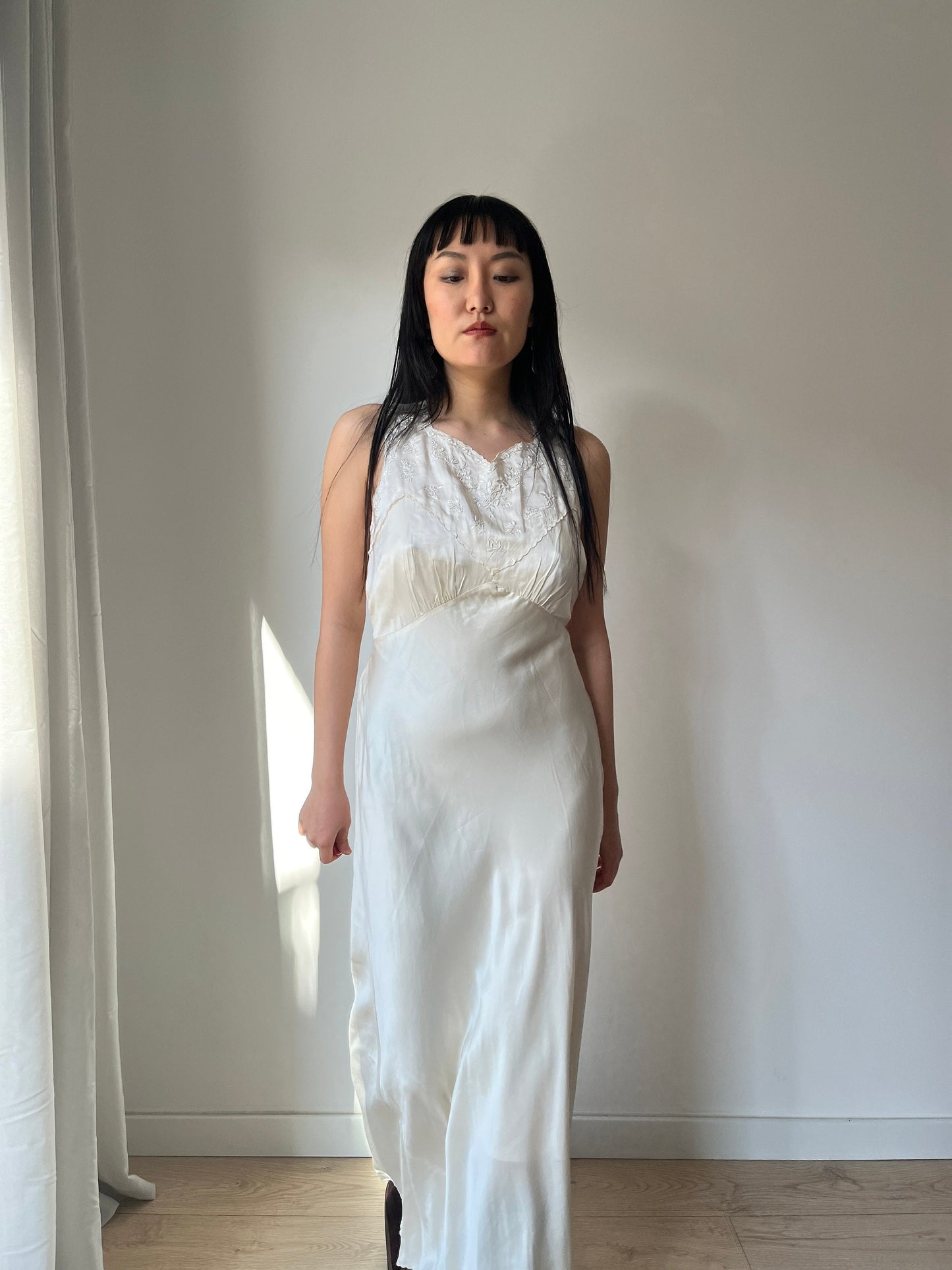 Antique Vintage liquid pure silk satin white embroidered slip long maxi camisole dress