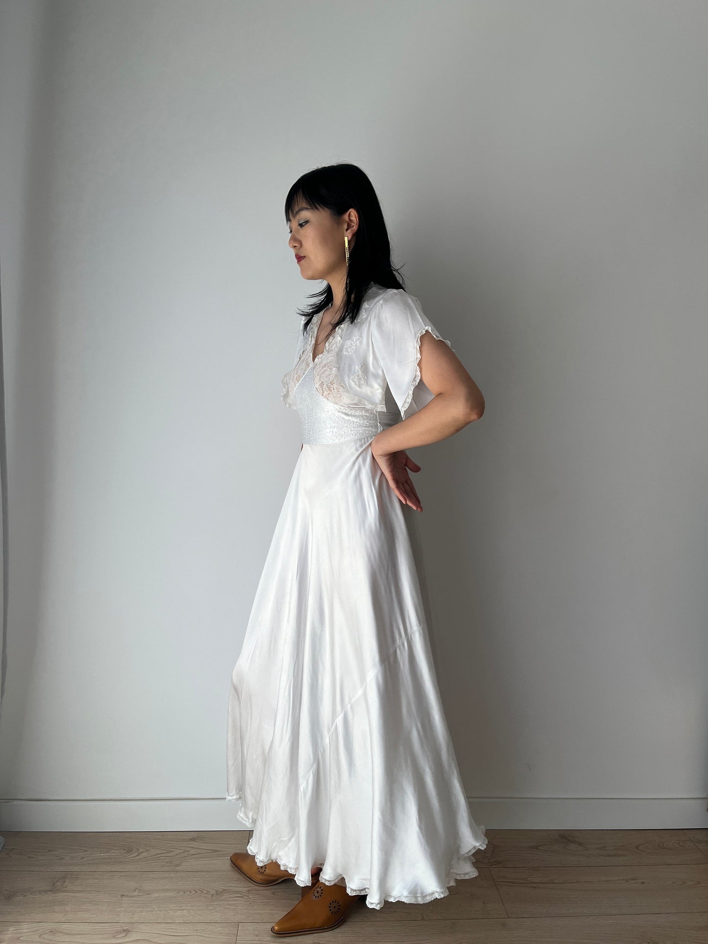 1950s 1940s Antique Bias Cut Pure Silk Hand Embroidered Lace Bridal Dress