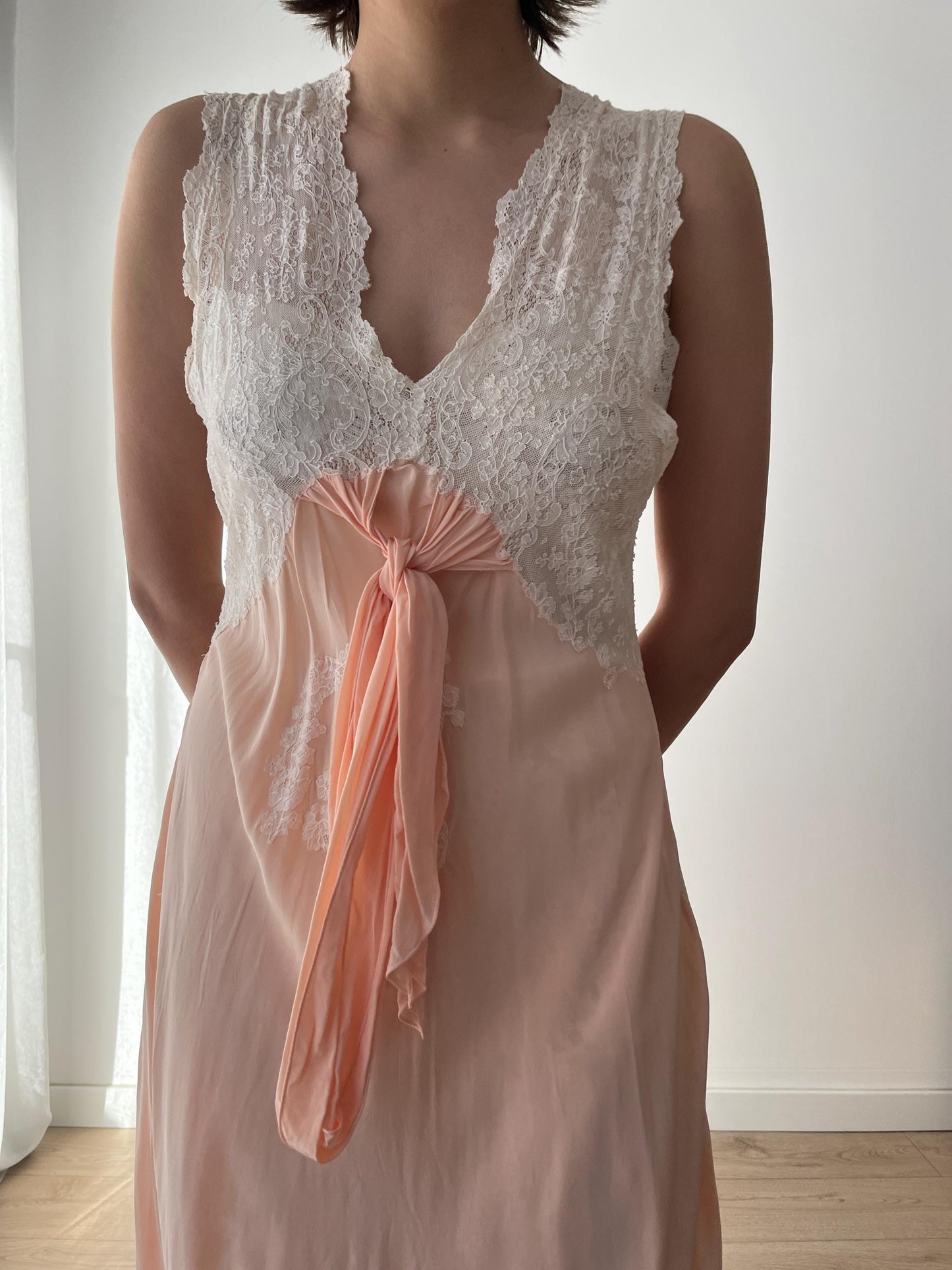 1930s Antique Peach Pure Silk Crepe Lace Nightgown Maxi Dress