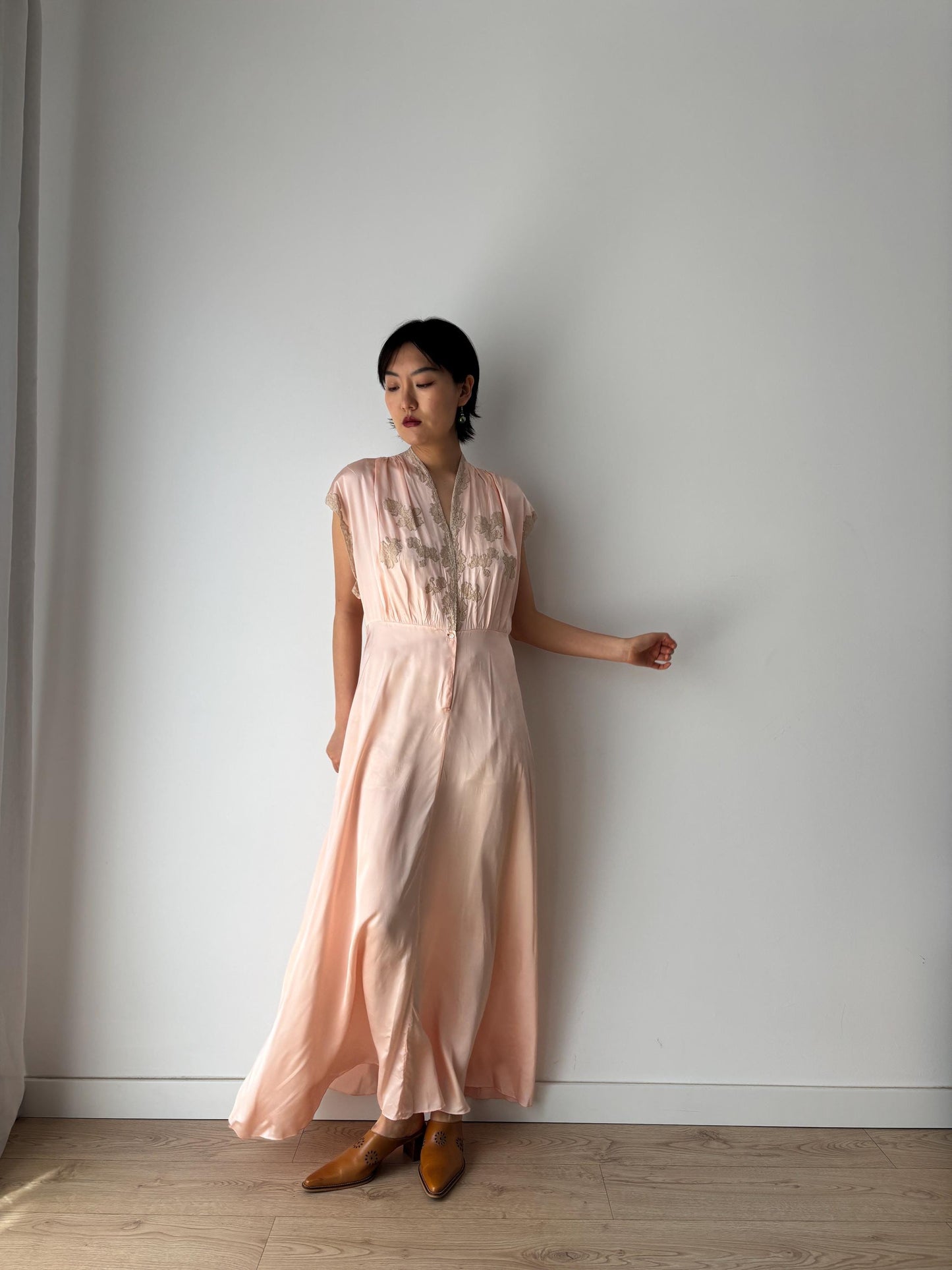 1940s 50s Pale Pink Pure Silk Nightgown 2 Piece Set / Bed Jacket Slip Dress Lingerie Set