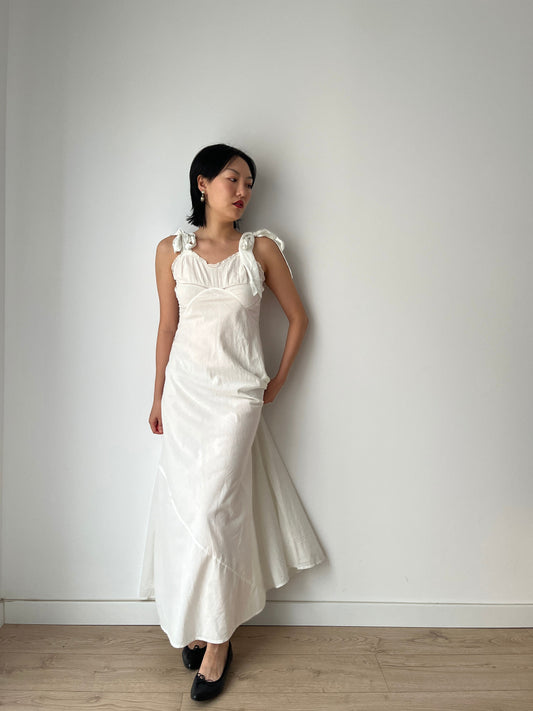 1930s 1920s Antique White Cotton Silk Night under Maxi dress, Victorian Edwardian Romantic CottageCore Dress