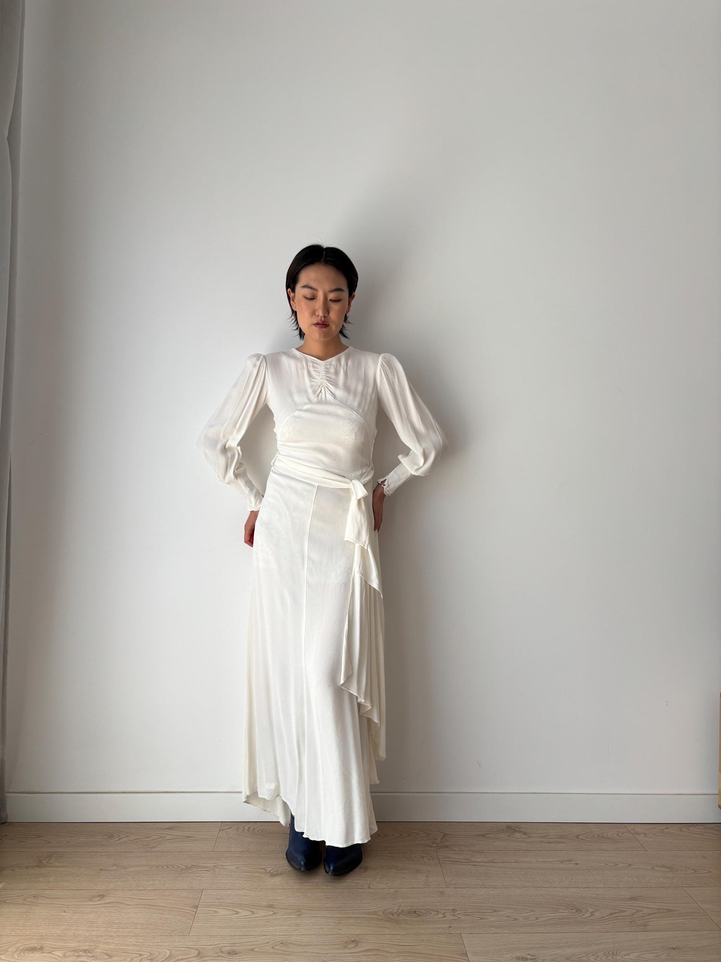 1930s Antique White 100% Silk Crepe Long Maxi Bridal dress, Vintage lace wedding dress