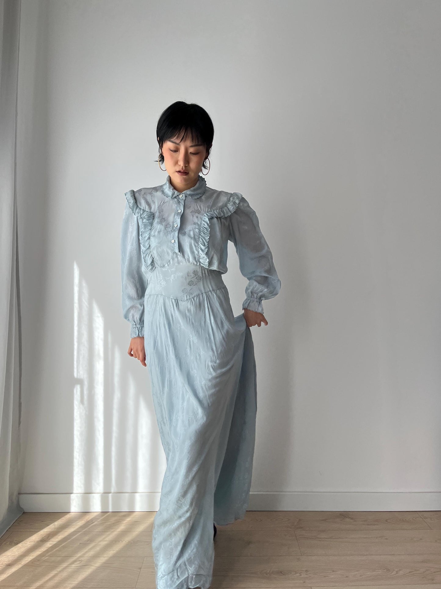 1930s Antique Bias Cut Negligee Pure Silk Liquid Satin Lace Nightgown Maxi Dress