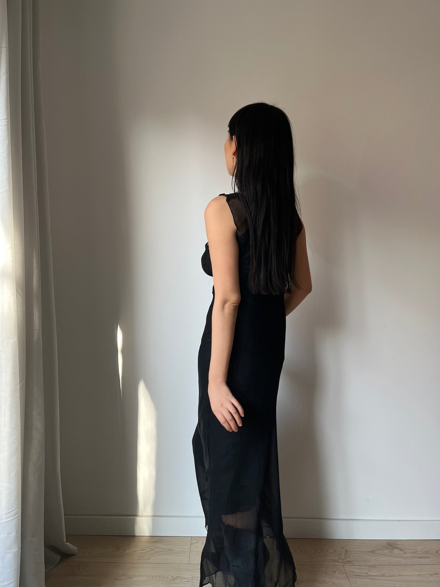 Antique 1950s black sheer crepe bias cut liquid translucent nightdress, lace art deco nightgown