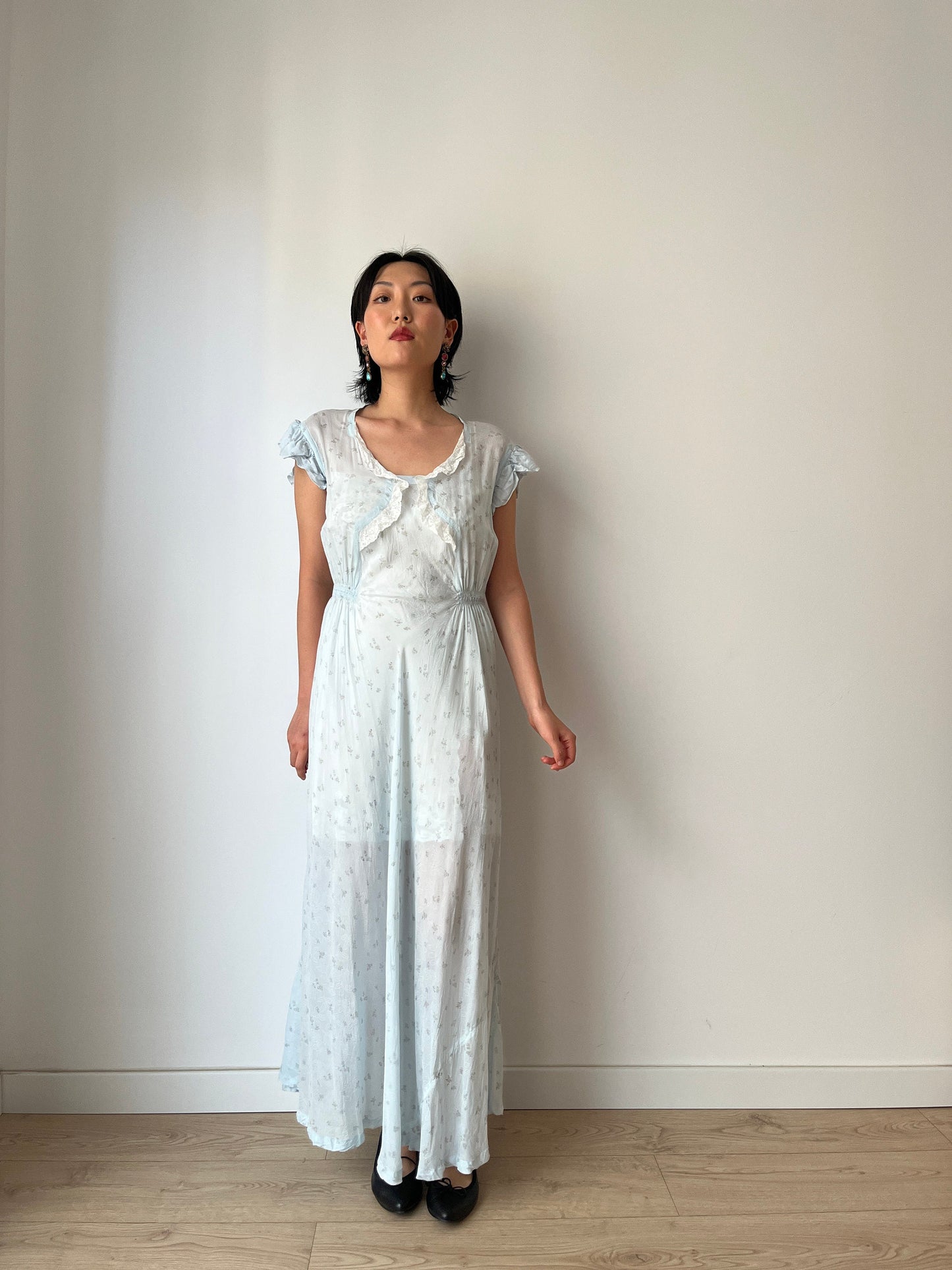 vintage 1940s blue bias cut floral crepe chiffon sheer lace embroidered art deco dress