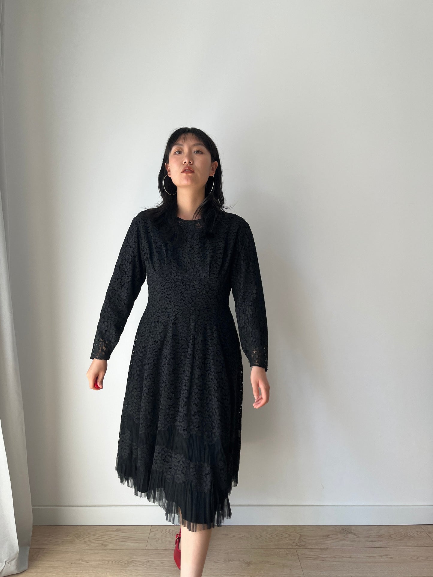 1950s Full Skirt Black Lace Dress/Cocktail Dress, Vintage Lace Dress