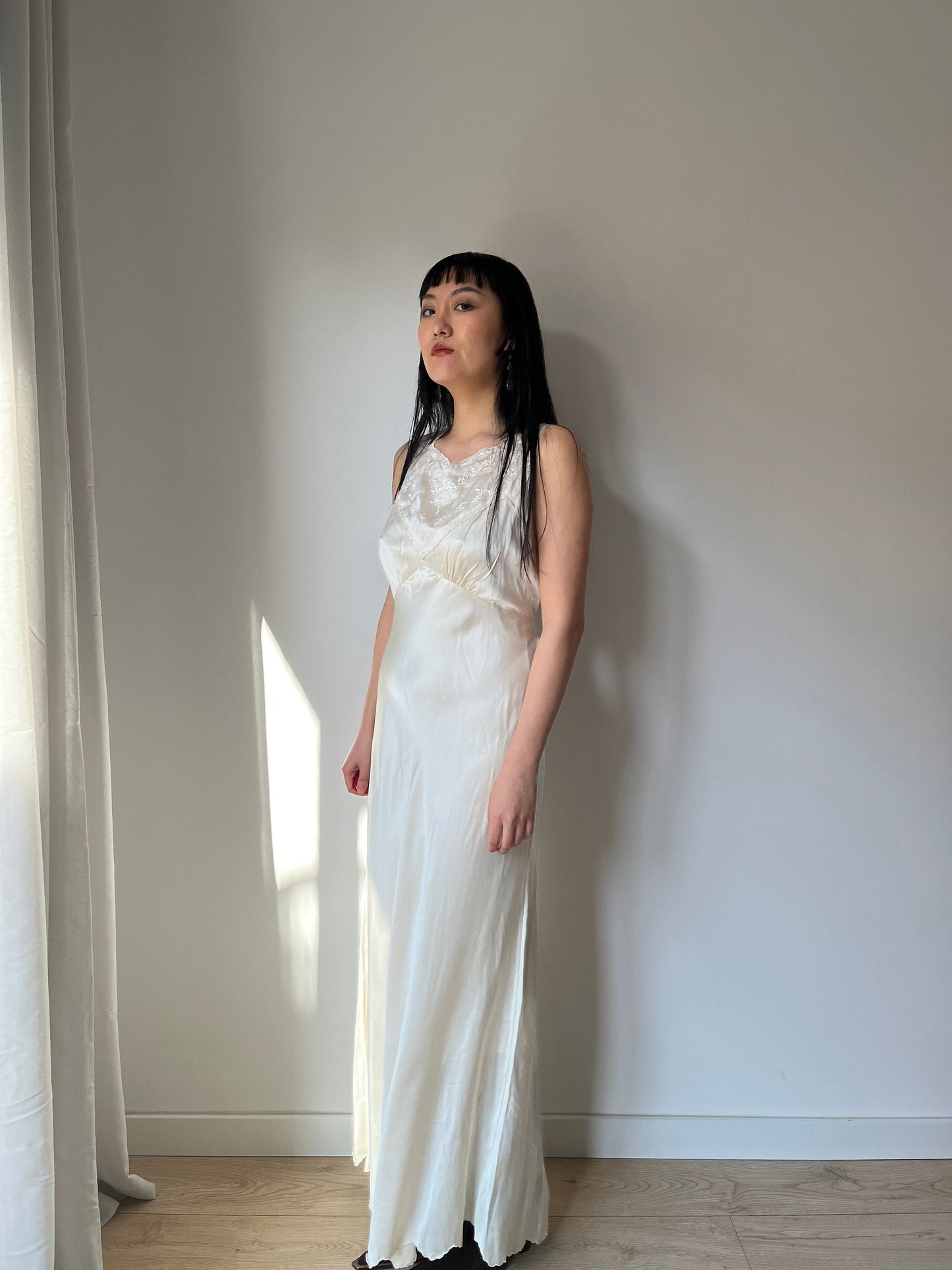 Antique Vintage liquid pure silk satin white embroidered slip long maxi camisole dress