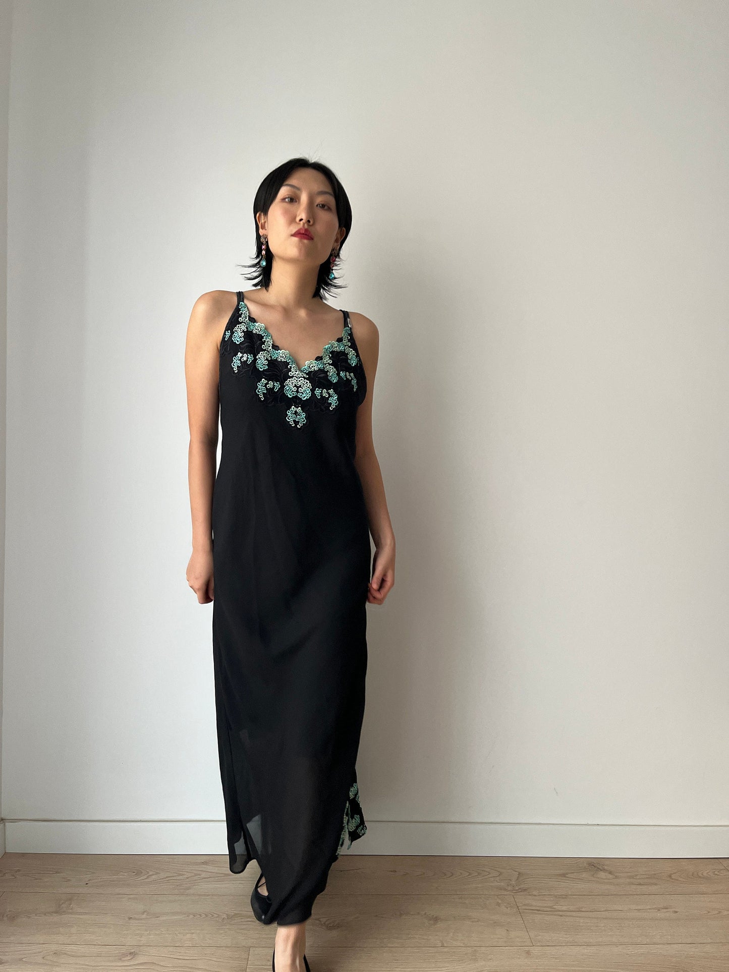 Vintage black pure silk chiffon lace cut out embroidered nightdress