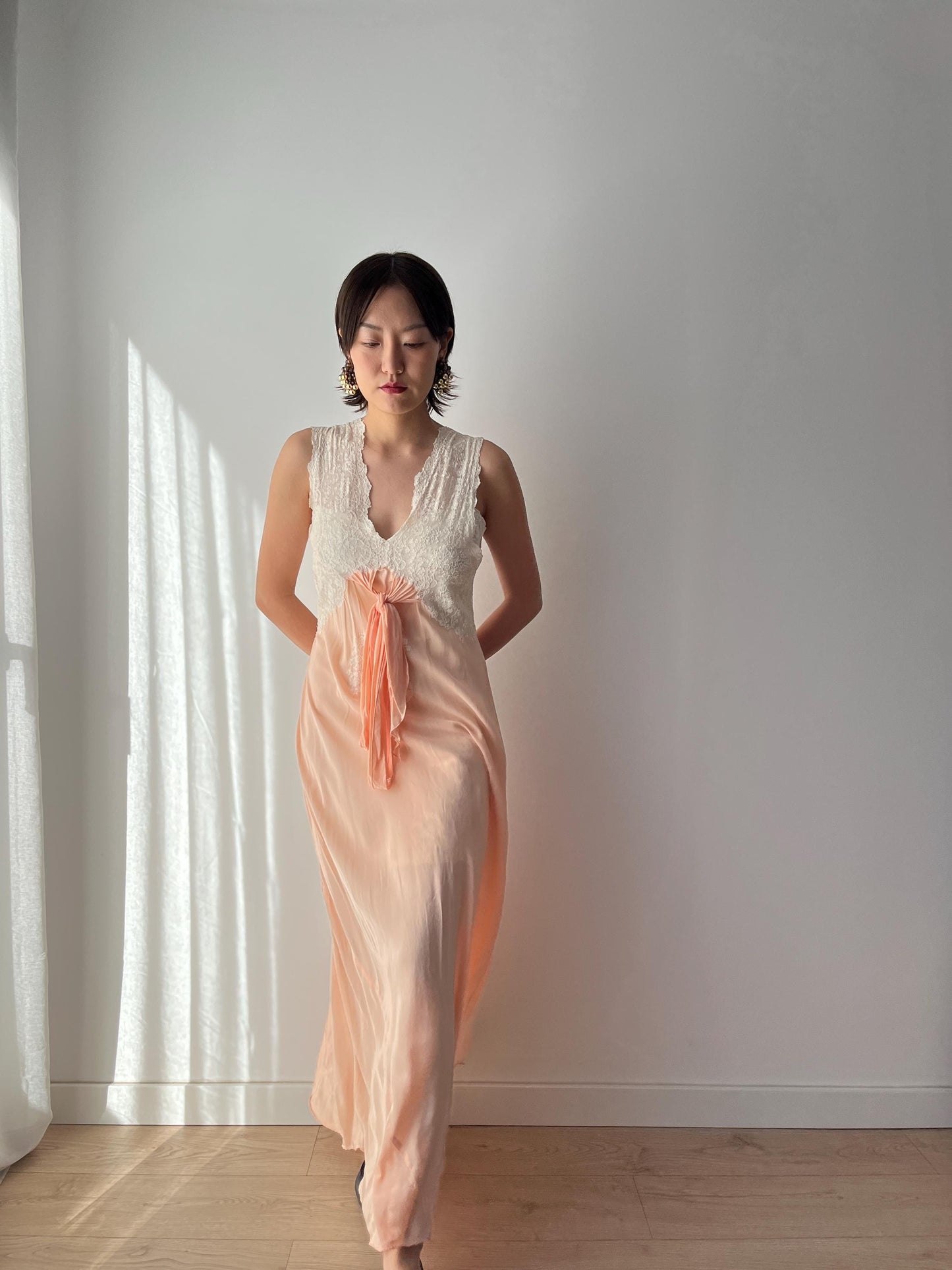 1930s Antique Peach Pure Silk Crepe Lace Nightgown Maxi Dress