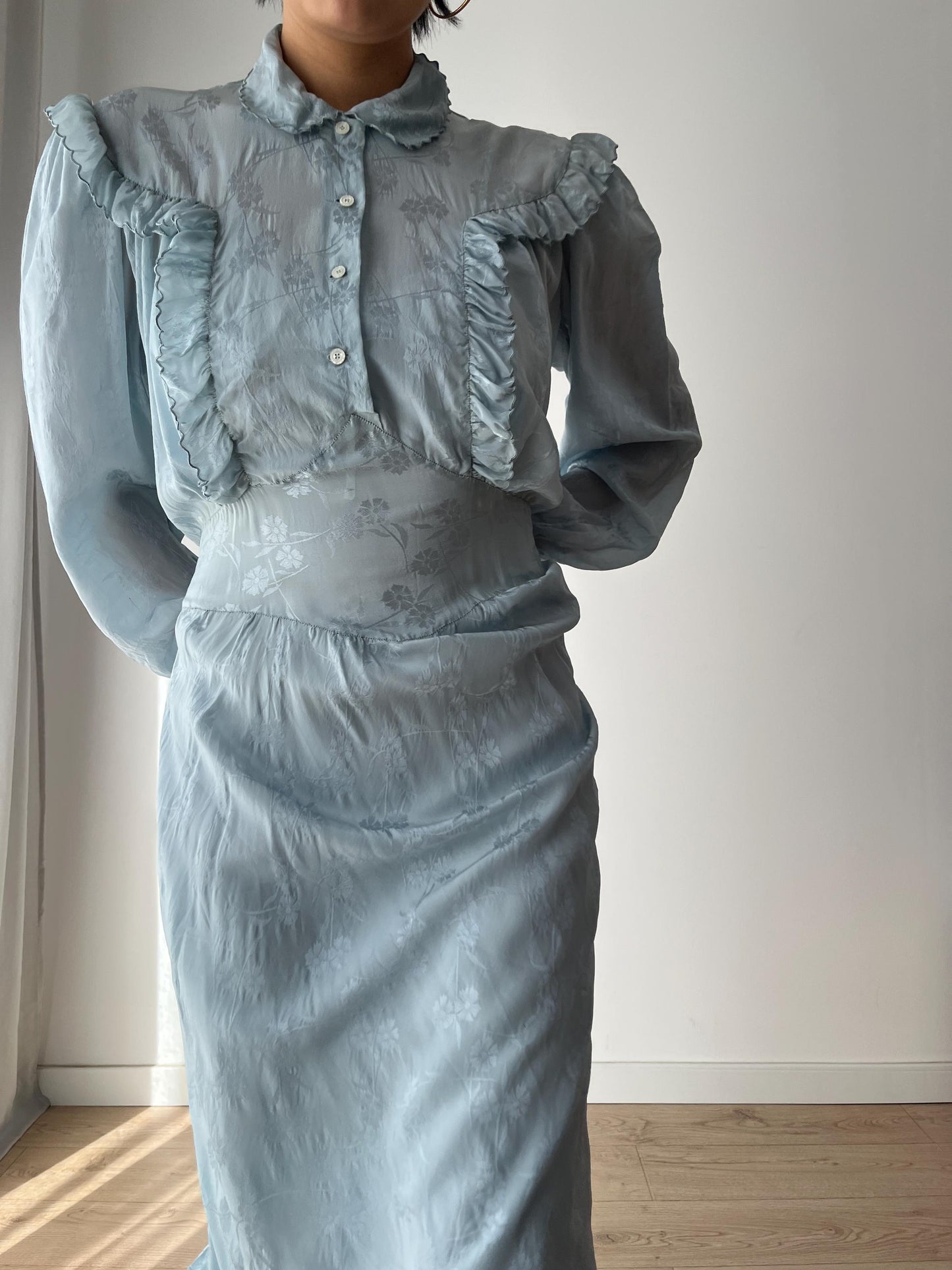 1930s Antique Bias Cut Negligee Pure Silk Liquid Satin Lace Nightgown Maxi Dress